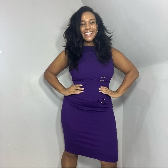 Vintage Cache Purple Ponte Knit Bodycon Dress Gold buckles business casual midi - Picture 3 of 11